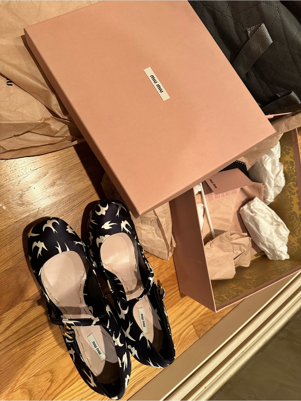 Miu Miu Black Mary Jane Flats with White Swallow Print